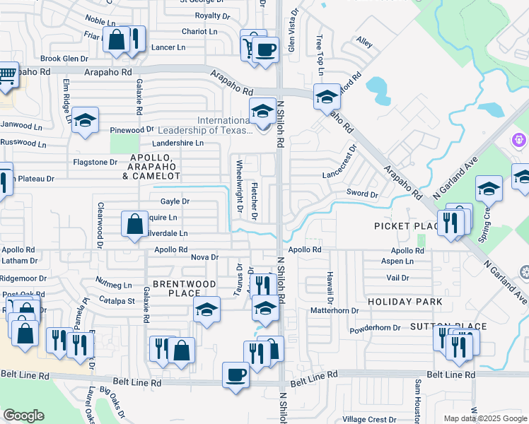 map of restaurants, bars, coffee shops, grocery stores, and more near 3910 Blacksmith Drive in Garland