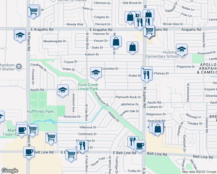map of restaurants, bars, coffee shops, grocery stores, and more near 1901 Apollo Road in Richardson