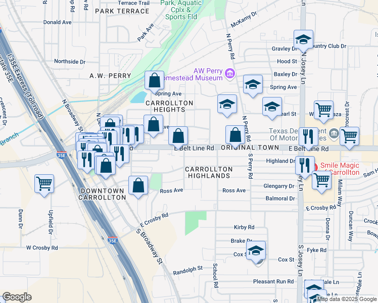 map of restaurants, bars, coffee shops, grocery stores, and more near 1600 East Belt Line Road in Carrollton