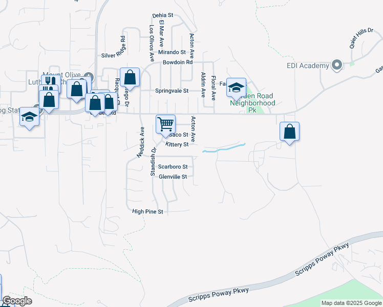 map of restaurants, bars, coffee shops, grocery stores, and more near 14580 Kennebunk Street in Poway