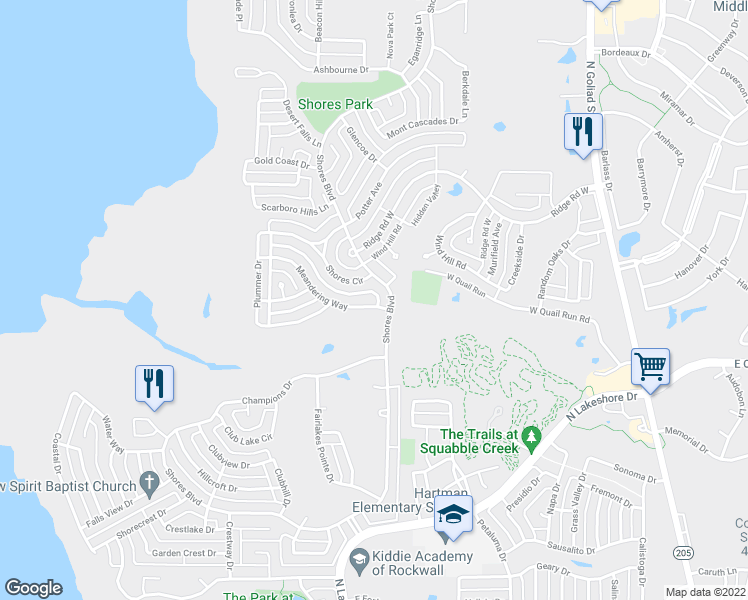 map of restaurants, bars, coffee shops, grocery stores, and more near 1300 Meandering Way in Rockwall
