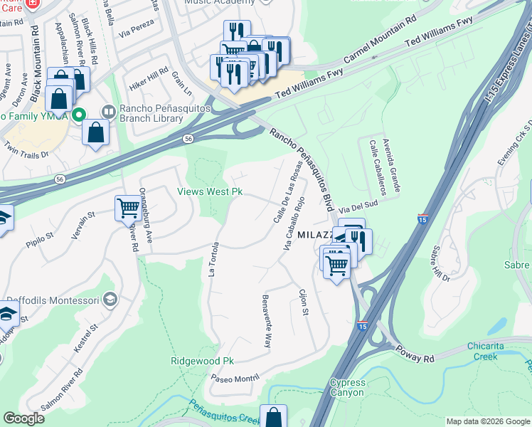 map of restaurants, bars, coffee shops, grocery stores, and more near 12969 Via Del Valedor in San Diego