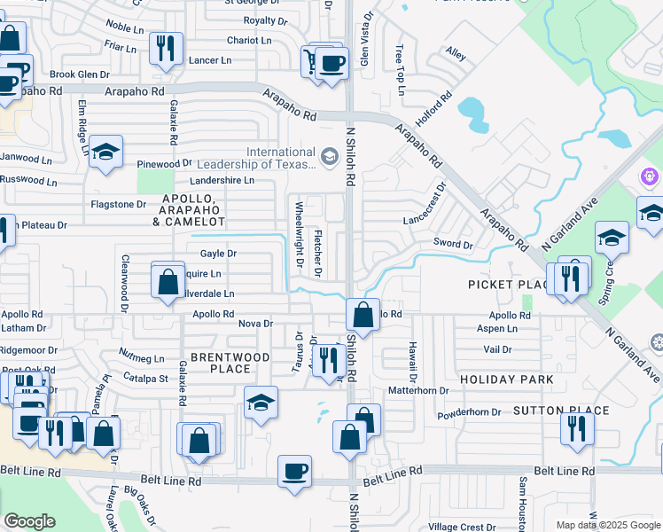 map of restaurants, bars, coffee shops, grocery stores, and more near 3910 Blacksmith Drive in Garland