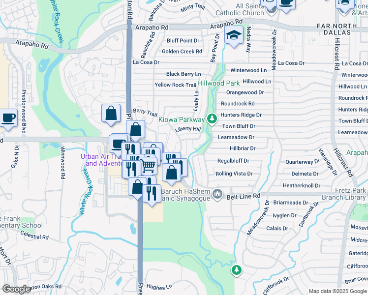 map of restaurants, bars, coffee shops, grocery stores, and more near 15132 Berry Trail in Dallas