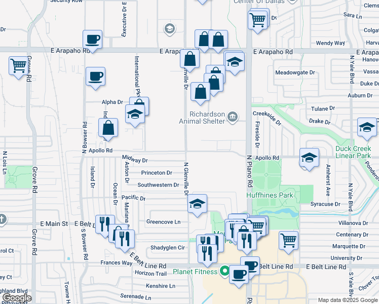 map of restaurants, bars, coffee shops, grocery stores, and more near in Richardson