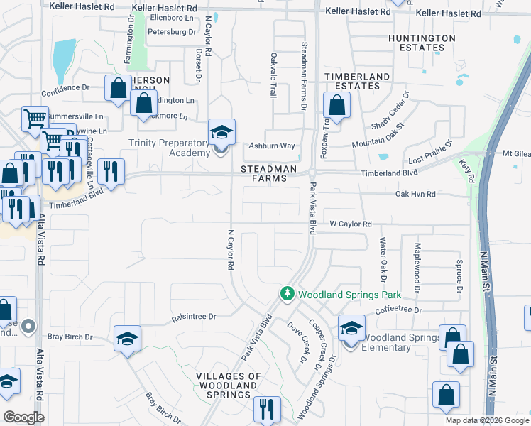 map of restaurants, bars, coffee shops, grocery stores, and more near 12504 Oakbrook Lane in Keller