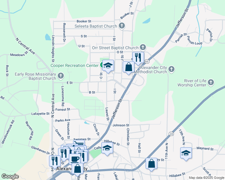 map of restaurants, bars, coffee shops, grocery stores, and more near 740 Laurel Street in Alexander City