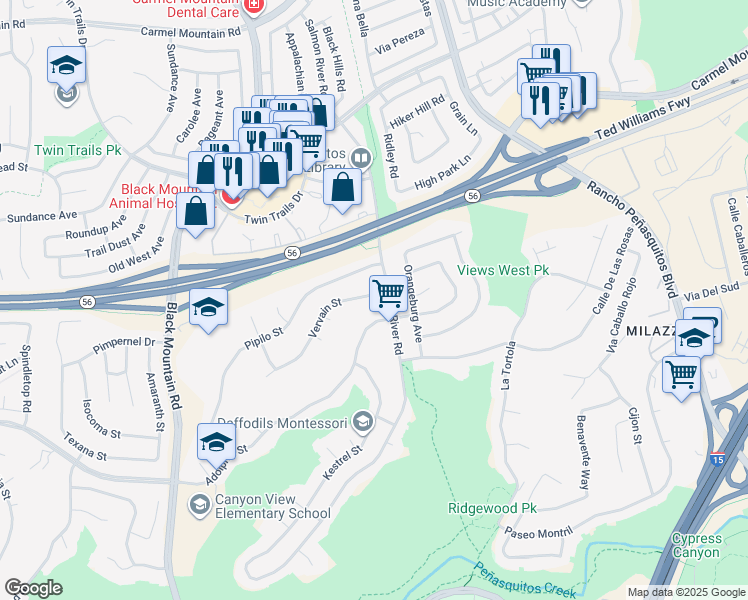 map of restaurants, bars, coffee shops, grocery stores, and more near 9581 Vervain Street in San Diego