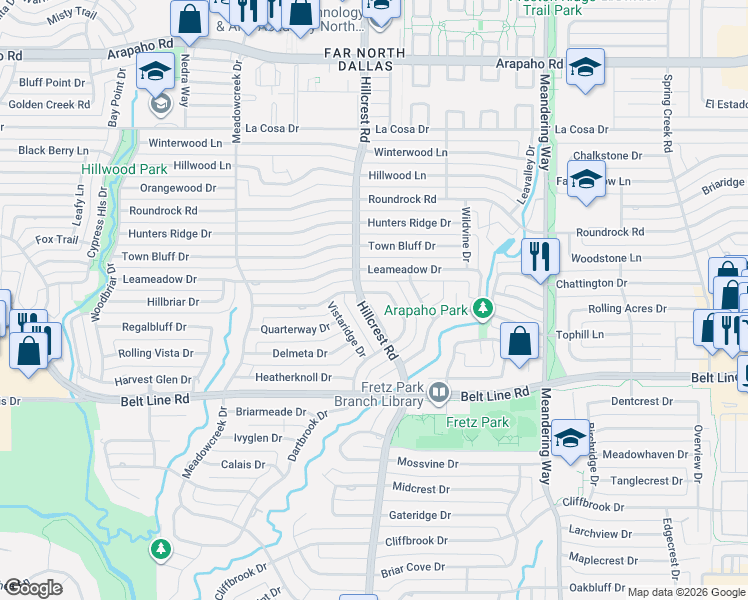 map of restaurants, bars, coffee shops, grocery stores, and more near 14951 Knollview Drive in Dallas