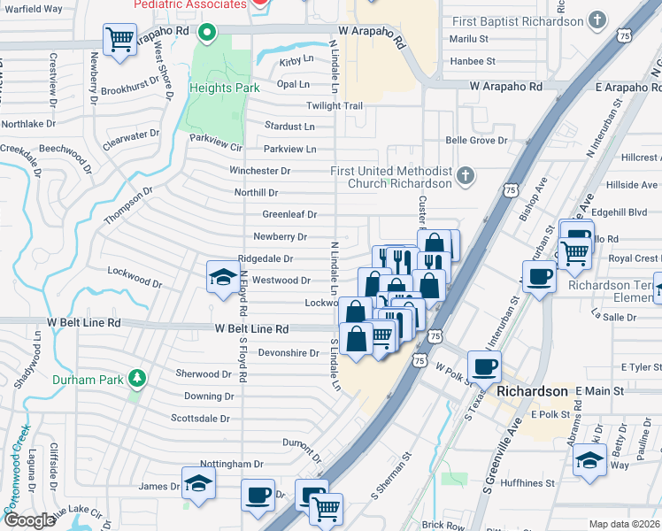 map of restaurants, bars, coffee shops, grocery stores, and more near 601 Ridgedale Drive in Richardson