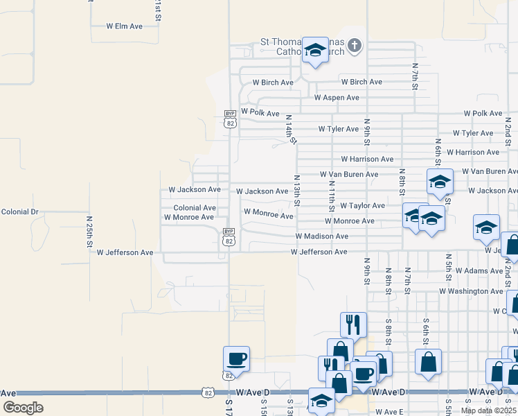map of restaurants, bars, coffee shops, grocery stores, and more near 1500 West Monroe Avenue in Lovington