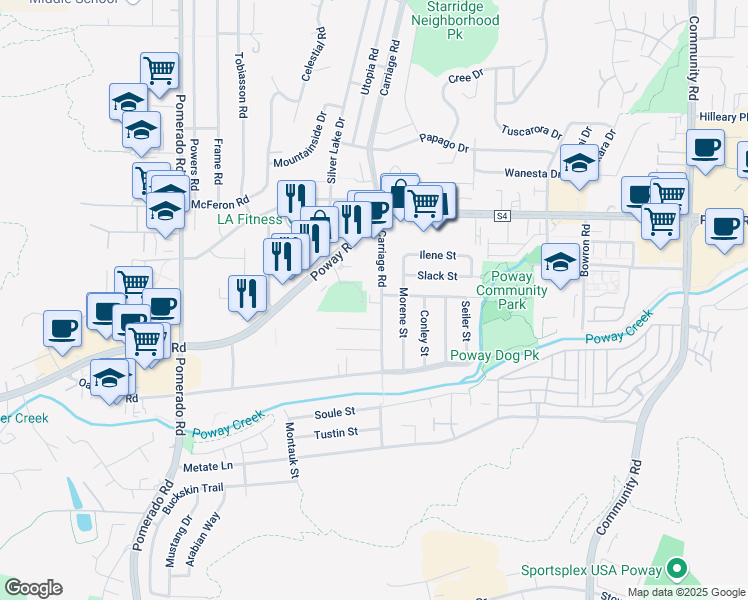 map of restaurants, bars, coffee shops, grocery stores, and more near 13042 Carriage Road in Poway