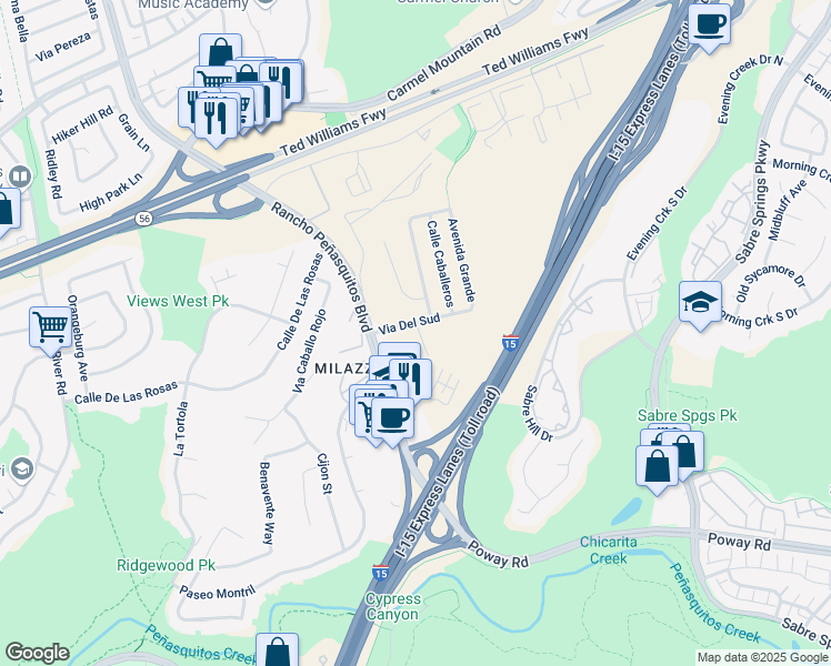 map of restaurants, bars, coffee shops, grocery stores, and more near 12988 Calle Abuelito in San Diego