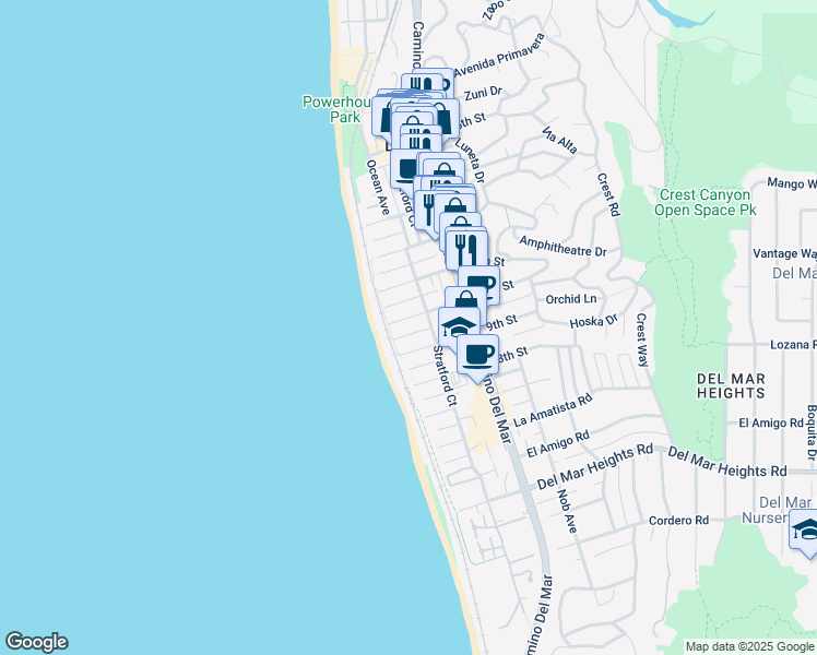 map of restaurants, bars, coffee shops, grocery stores, and more near 129 10th Street in Del Mar