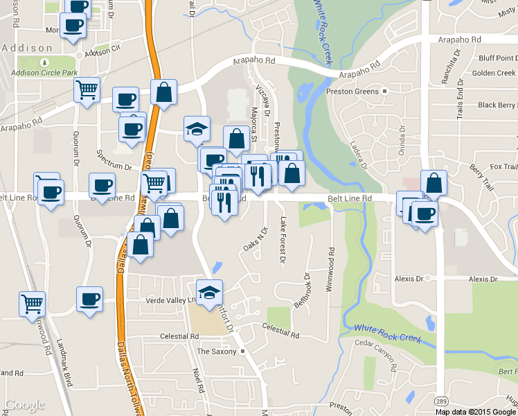map of restaurants, bars, coffee shops, grocery stores, and more near 5330 Belt Line Road in Addison
