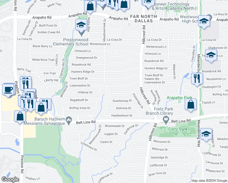 map of restaurants, bars, coffee shops, grocery stores, and more near 6817 Vineridge Drive in Dallas