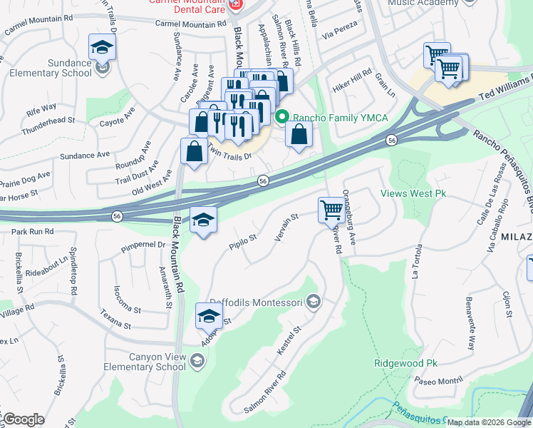 map of restaurants, bars, coffee shops, grocery stores, and more near 9470 Pipilo Street in San Diego