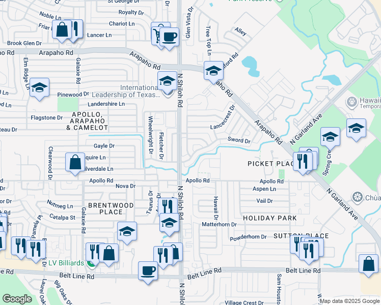 map of restaurants, bars, coffee shops, grocery stores, and more near 3902 Arrowcrest Lane in Garland