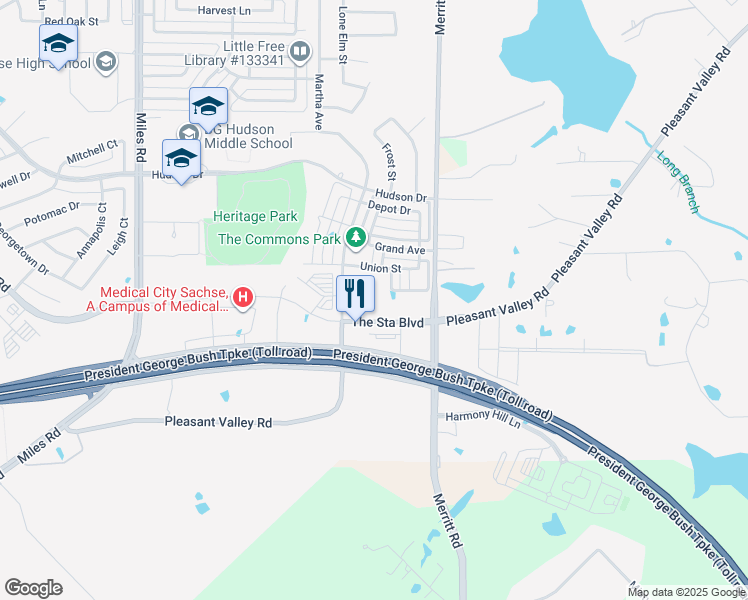 map of restaurants, bars, coffee shops, grocery stores, and more near 2901 Pleasant Valley Road in Sachse