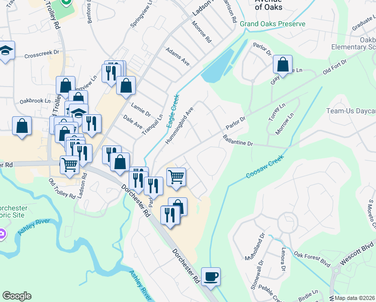 map of restaurants, bars, coffee shops, grocery stores, and more near County Road S-18 in Summerville