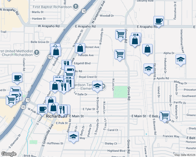 map of restaurants, bars, coffee shops, grocery stores, and more near 500 Royal Crest Drive in Richardson