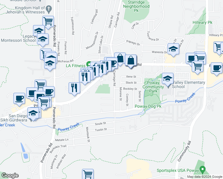 map of restaurants, bars, coffee shops, grocery stores, and more near 13042 Carriage Road in Poway