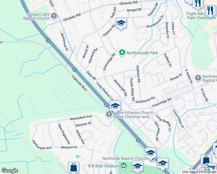 map of restaurants, bars, coffee shops, grocery stores, and more near 8173 Greenridge Road in North Charleston