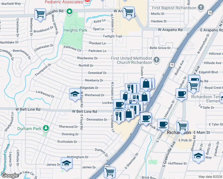 map of restaurants, bars, coffee shops, grocery stores, and more near 601 Ridgedale Drive in Richardson