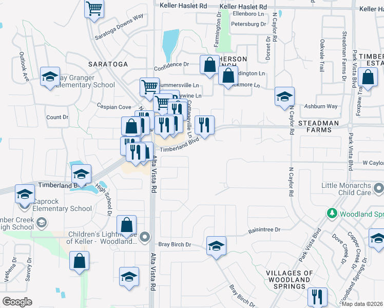 map of restaurants, bars, coffee shops, grocery stores, and more near 12420 Angelfood Lane in Fort Worth
