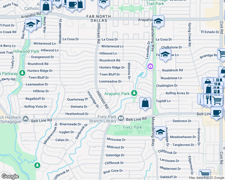 map of restaurants, bars, coffee shops, grocery stores, and more near 14937 Lacehaven Drive in Dallas