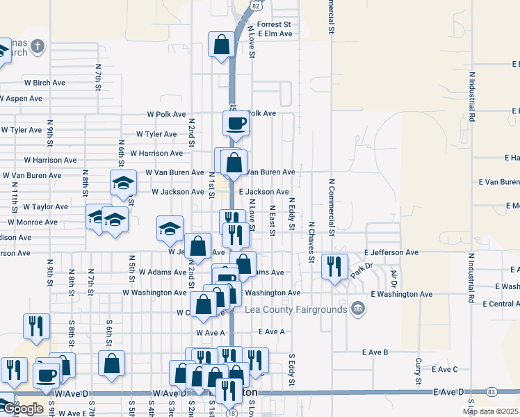 map of restaurants, bars, coffee shops, grocery stores, and more near 209 East Monroe Avenue in Lovington