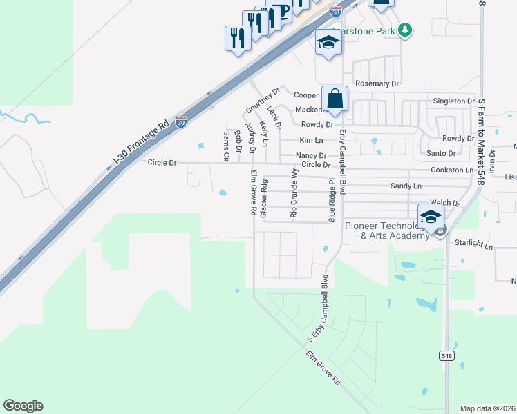 map of restaurants, bars, coffee shops, grocery stores, and more near 1552 Glacier Ridge in Royse City