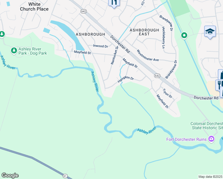 map of restaurants, bars, coffee shops, grocery stores, and more near 213 Hampton Drive in Summerville