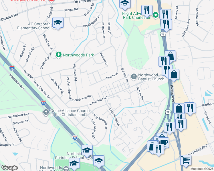 map of restaurants, bars, coffee shops, grocery stores, and more near 8153 Ramsgate Road in North Charleston