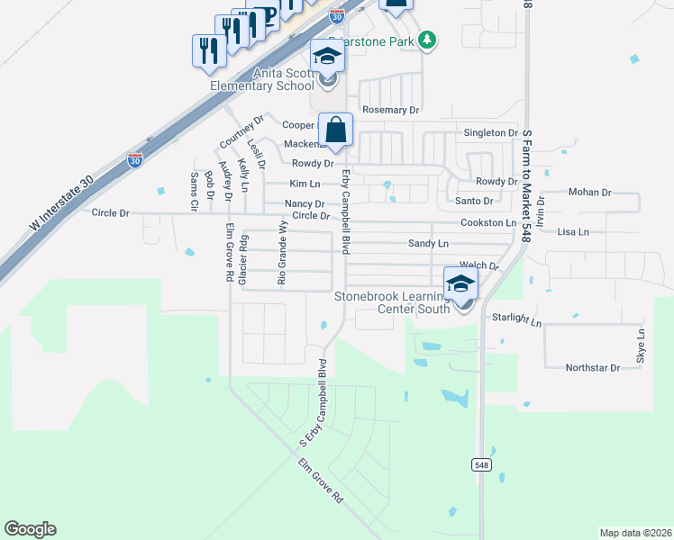 map of restaurants, bars, coffee shops, grocery stores, and more near 521 Welch Drive in Royse City