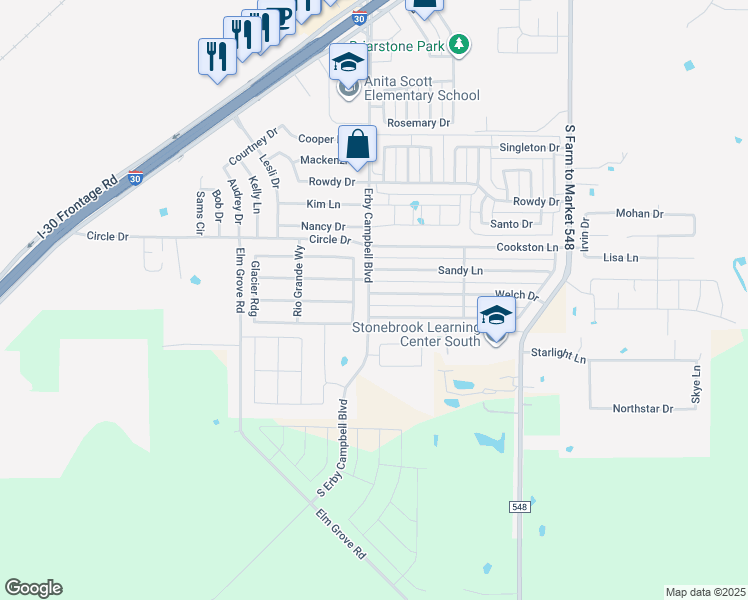 map of restaurants, bars, coffee shops, grocery stores, and more near 521 Welch Drive in Royse City