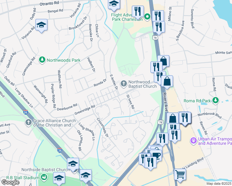 map of restaurants, bars, coffee shops, grocery stores, and more near 8112 Prestwick Court in North Charleston