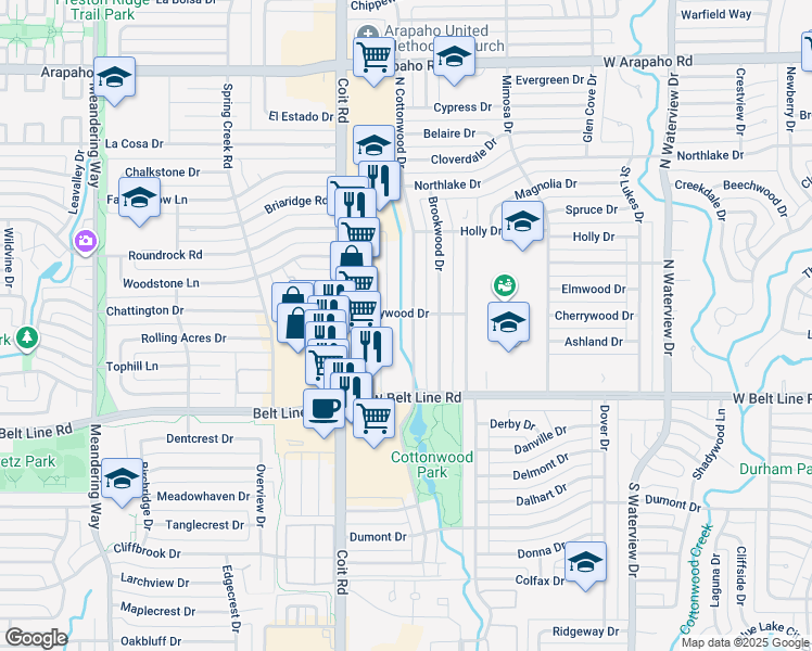 map of restaurants, bars, coffee shops, grocery stores, and more near 133 North Cottonwood Drive in Richardson