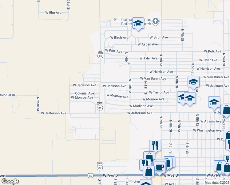 map of restaurants, bars, coffee shops, grocery stores, and more near 1500 West Monroe Avenue in Lovington