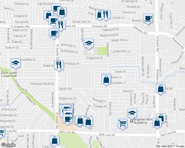 map of restaurants, bars, coffee shops, grocery stores, and more near 4009 Clearwood Drive in Garland