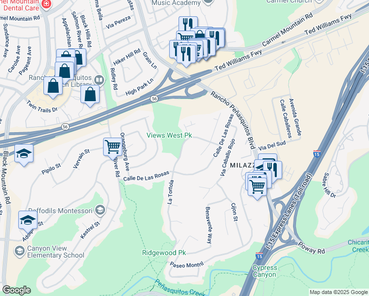 map of restaurants, bars, coffee shops, grocery stores, and more near 12927 La Tortola in San Diego