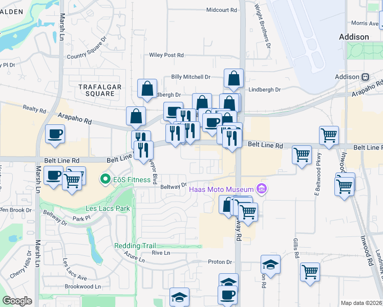 map of restaurants, bars, coffee shops, grocery stores, and more near 4100 Belt Line Road in Addison