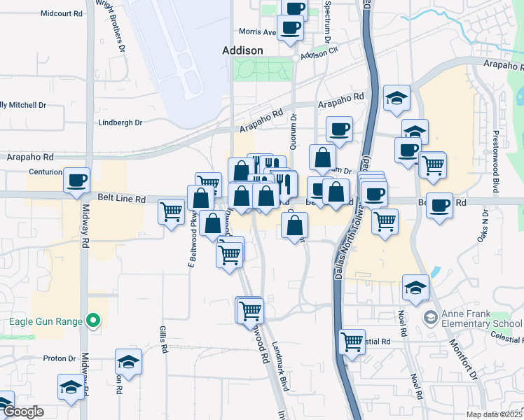 map of restaurants, bars, coffee shops, grocery stores, and more near 4900 Belt Line Road in Dallas