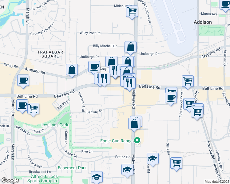 map of restaurants, bars, coffee shops, grocery stores, and more near 4148 Belt Line Road in Addison