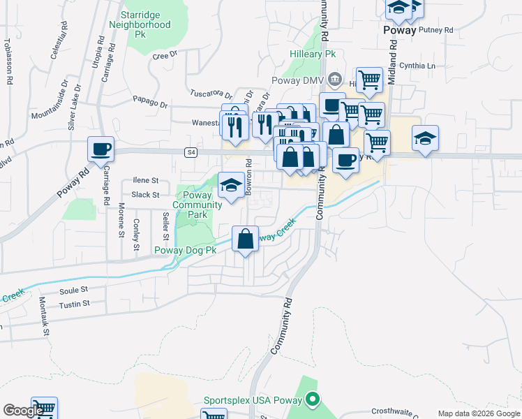 map of restaurants, bars, coffee shops, grocery stores, and more near 13230 Creekside Lane in Poway