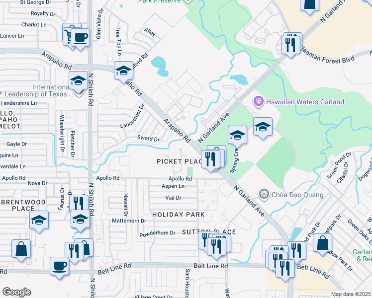 map of restaurants, bars, coffee shops, grocery stores, and more near 3928 Brandon Park Dr in Garland