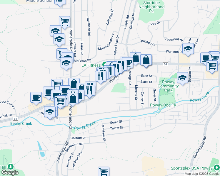 map of restaurants, bars, coffee shops, grocery stores, and more near 12631 Poway Road in Poway