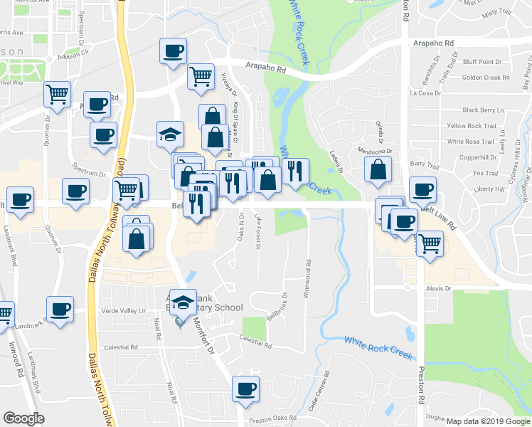 map of restaurants, bars, coffee shops, grocery stores, and more near 5400 Belt Line Road in Dallas