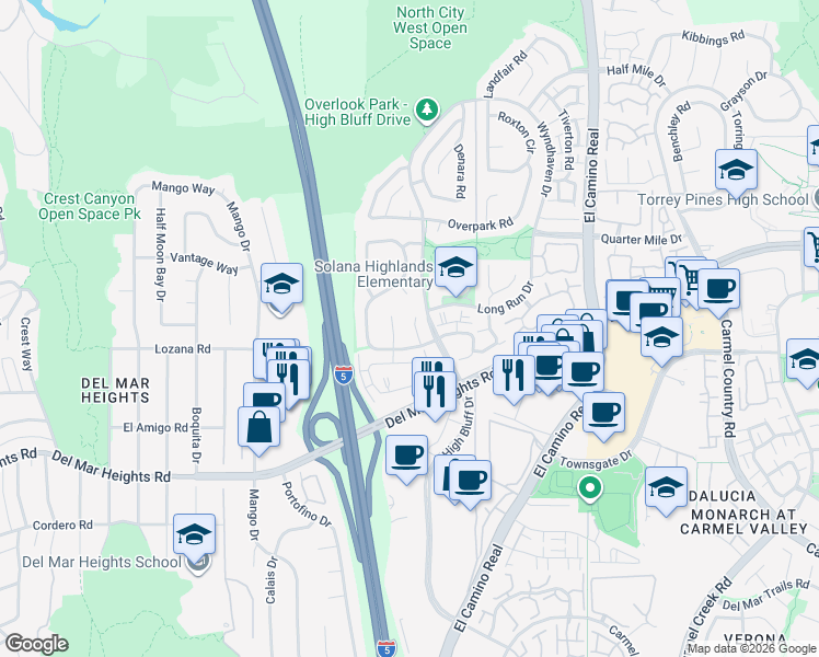 map of restaurants, bars, coffee shops, grocery stores, and more near 13044 Walking Path Place in San Diego