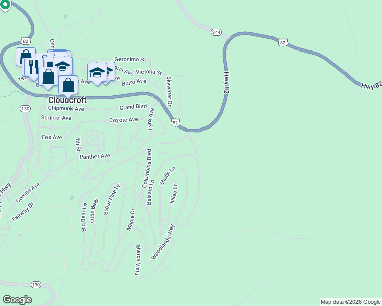 map of restaurants, bars, coffee shops, grocery stores, and more near 413 Balsam Ln in Cloudcroft